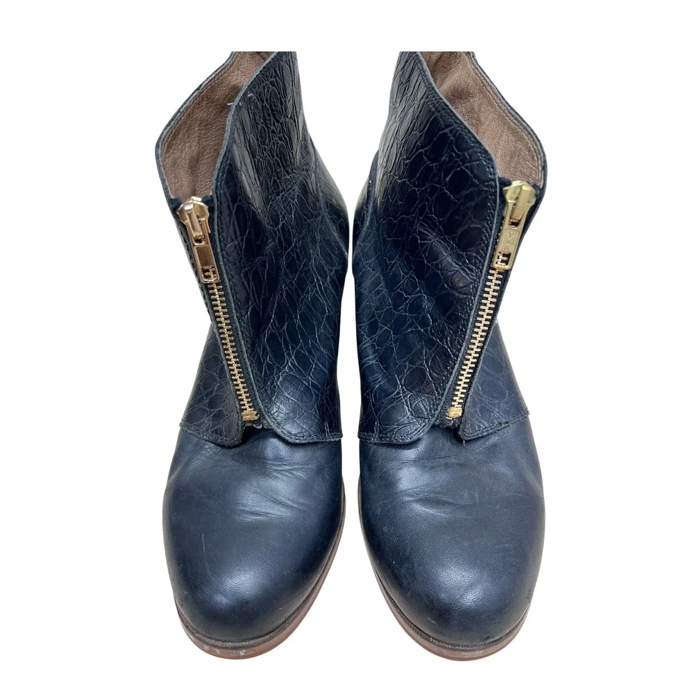 Yellow Shoes Ankle Boots Women 10 Black Good‎ Croc Embossed Front Zip Block Heel